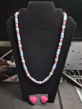 Pink and Light Blue Beaded Necklace and Heart Stud Earrings - Women Jewelry
